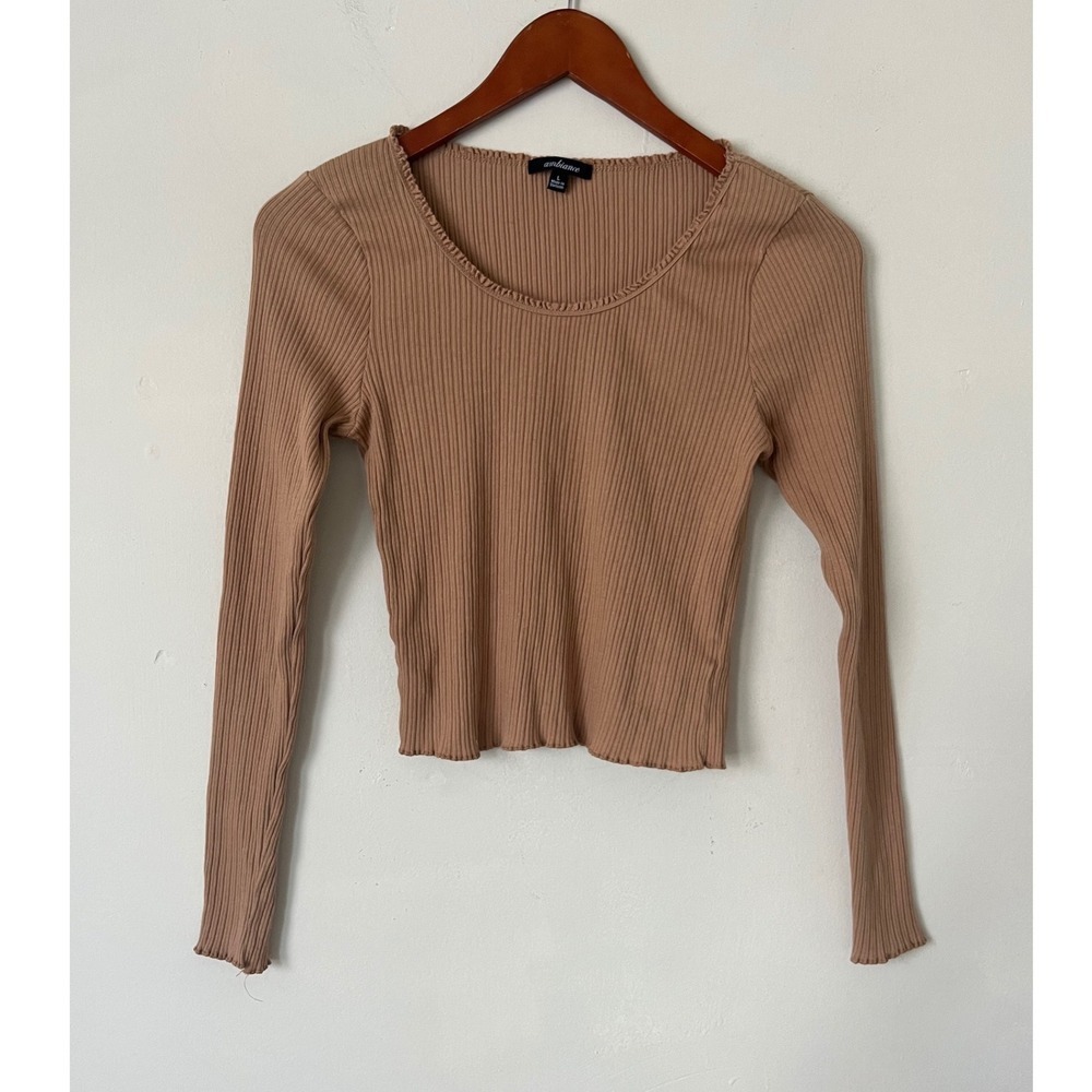 Ambiance Womens Ribbed Long Sleeve Lettuce Edge Scoop Neck Top Tan Brown Large